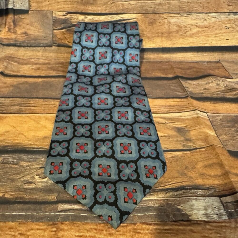 Vintage Sakowitz Houston Men's 100% Silk Tie Blue Red Black Geometric Medallion